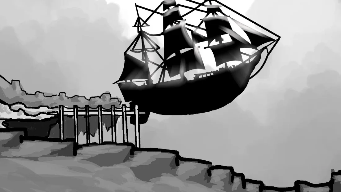 Concept art d'un navire volant, recherche au trait