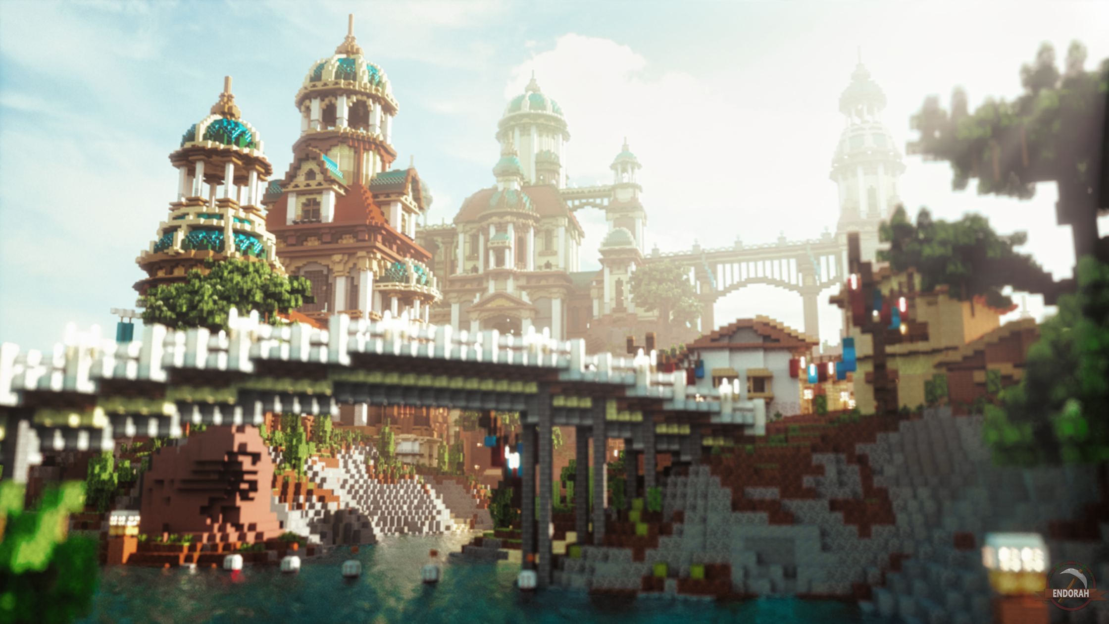 Panorama d'un monde Minecraft construit par le studio, monuments et architectures en blocs